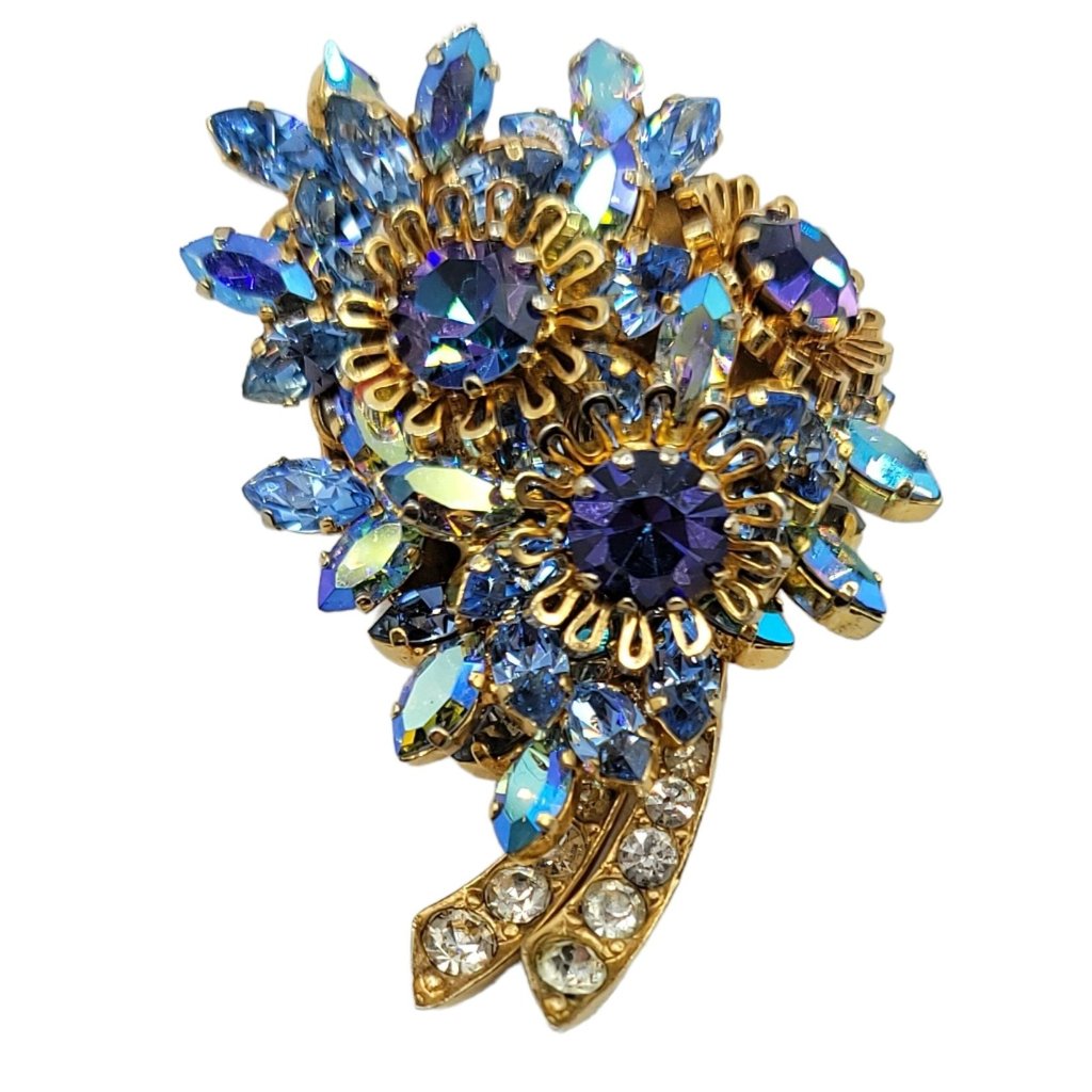Austria Gold Tone Blue Crystal Clear Rhinestones Floral Brooch Signed 175$